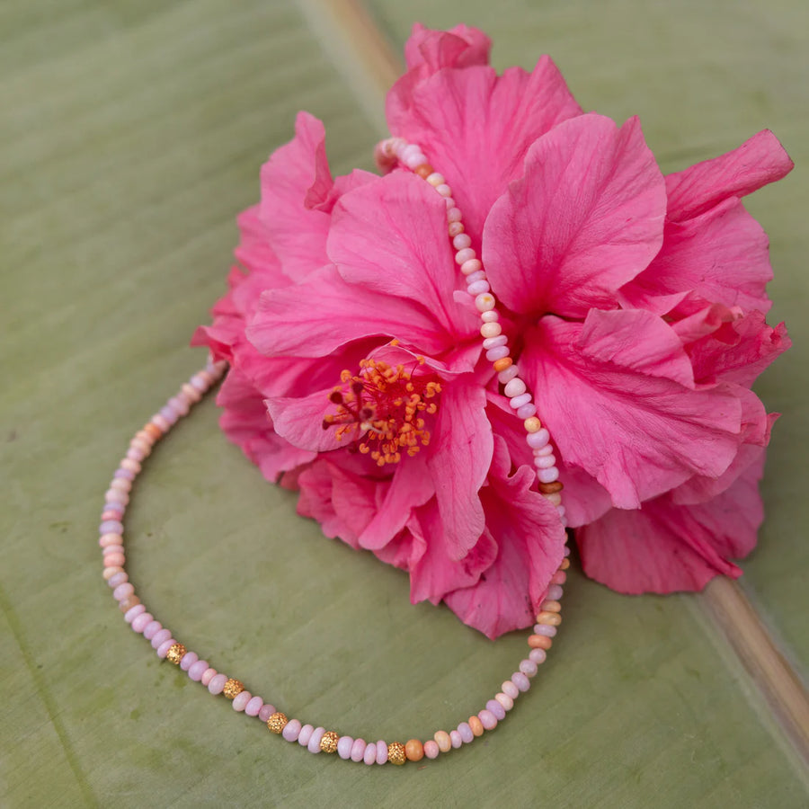 Pink Opal and Seed Pods Necklace 16"- Vermeil