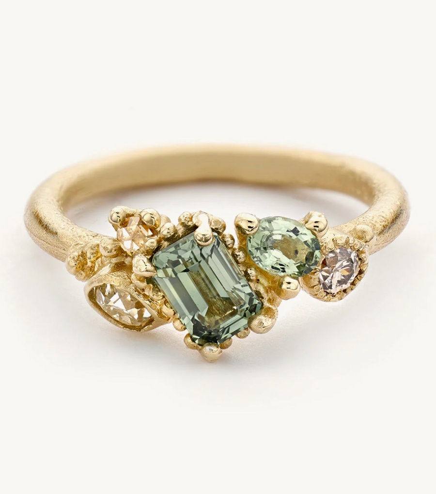 Emerald Cut Green Sapphire Asymmetric Cluster Ring