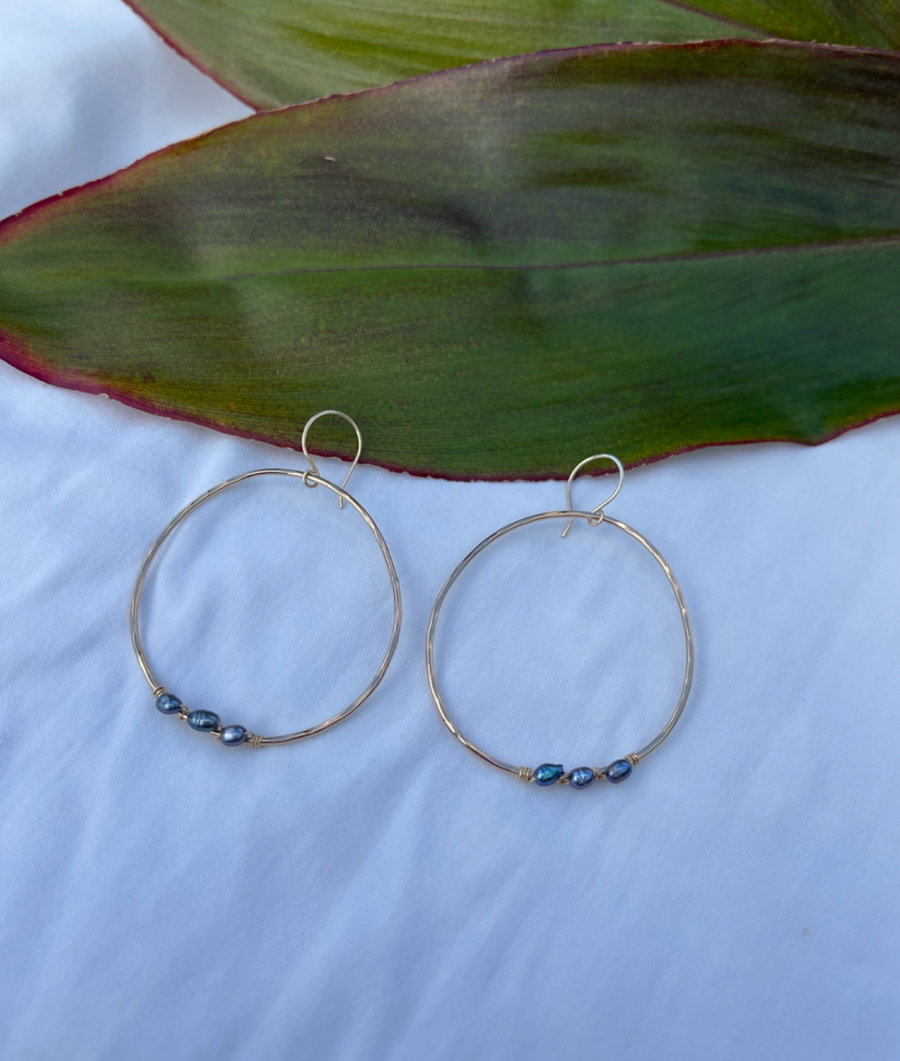 Black Keshi Pearl organic hoops