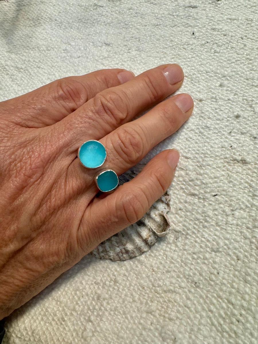 Double Glass Ring - Aqua, Light Aqua - Sterling Silver